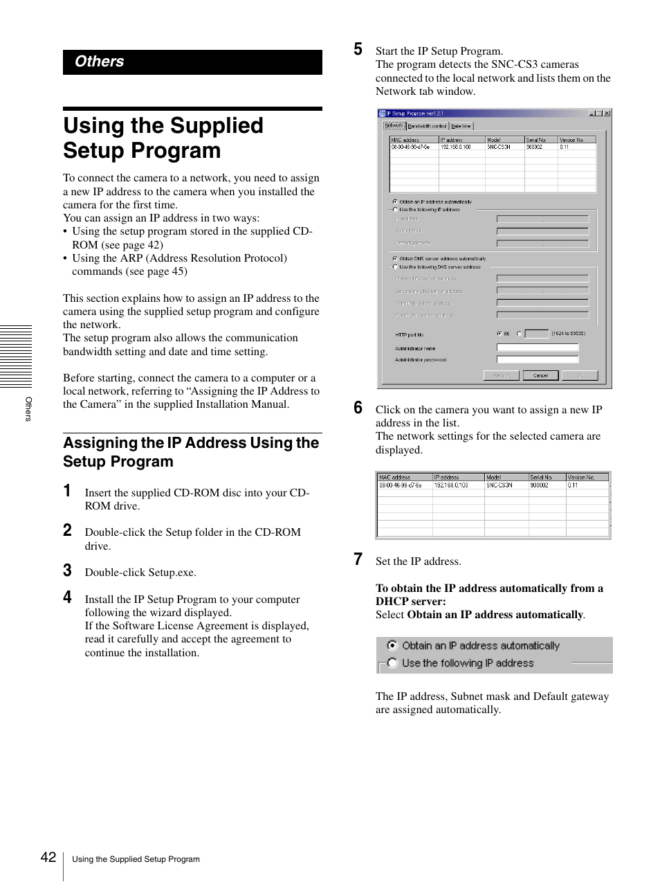 Others, Using the supplied setup program, Assigning the ip address using the setup program | Assigning the ip address using the setup, Program | Sony SNC-CS3N User Manual | Page 42 / 52