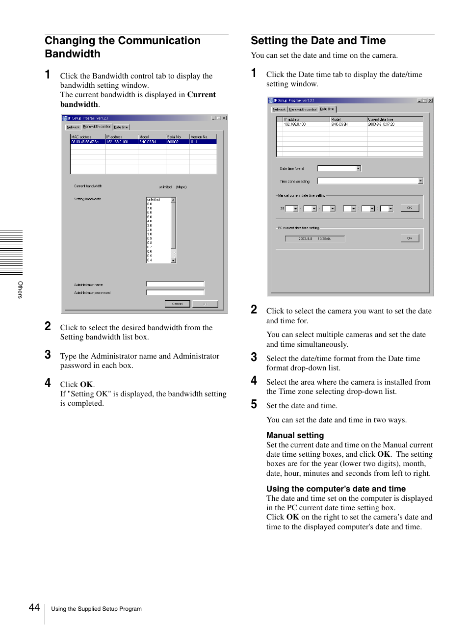 Changing the communication bandwidth, Setting the date and time | Sony SNC-CS3N User Manual | Page 44 / 52