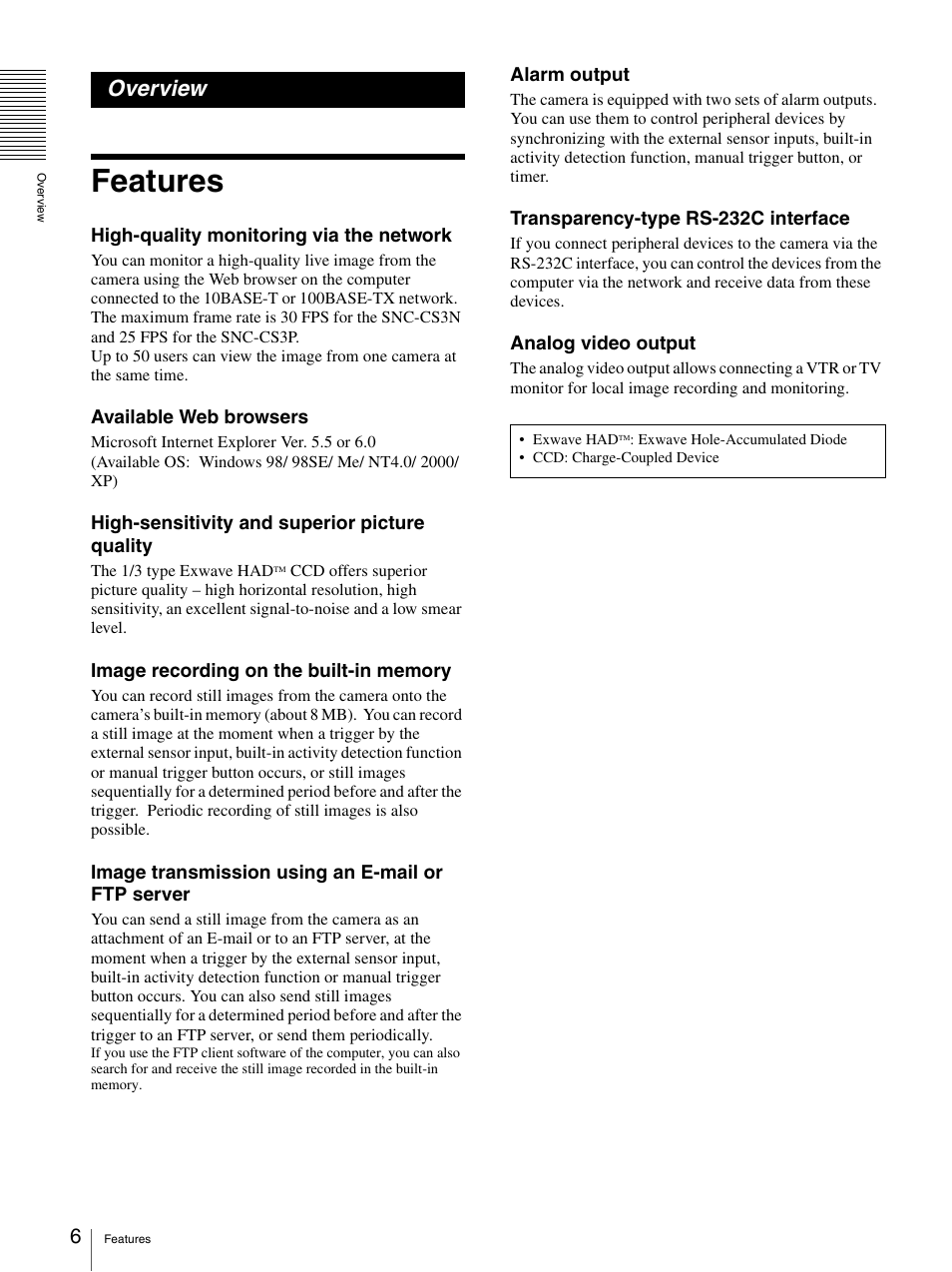 Overview, Features | Sony SNC-CS3N User Manual | Page 6 / 52