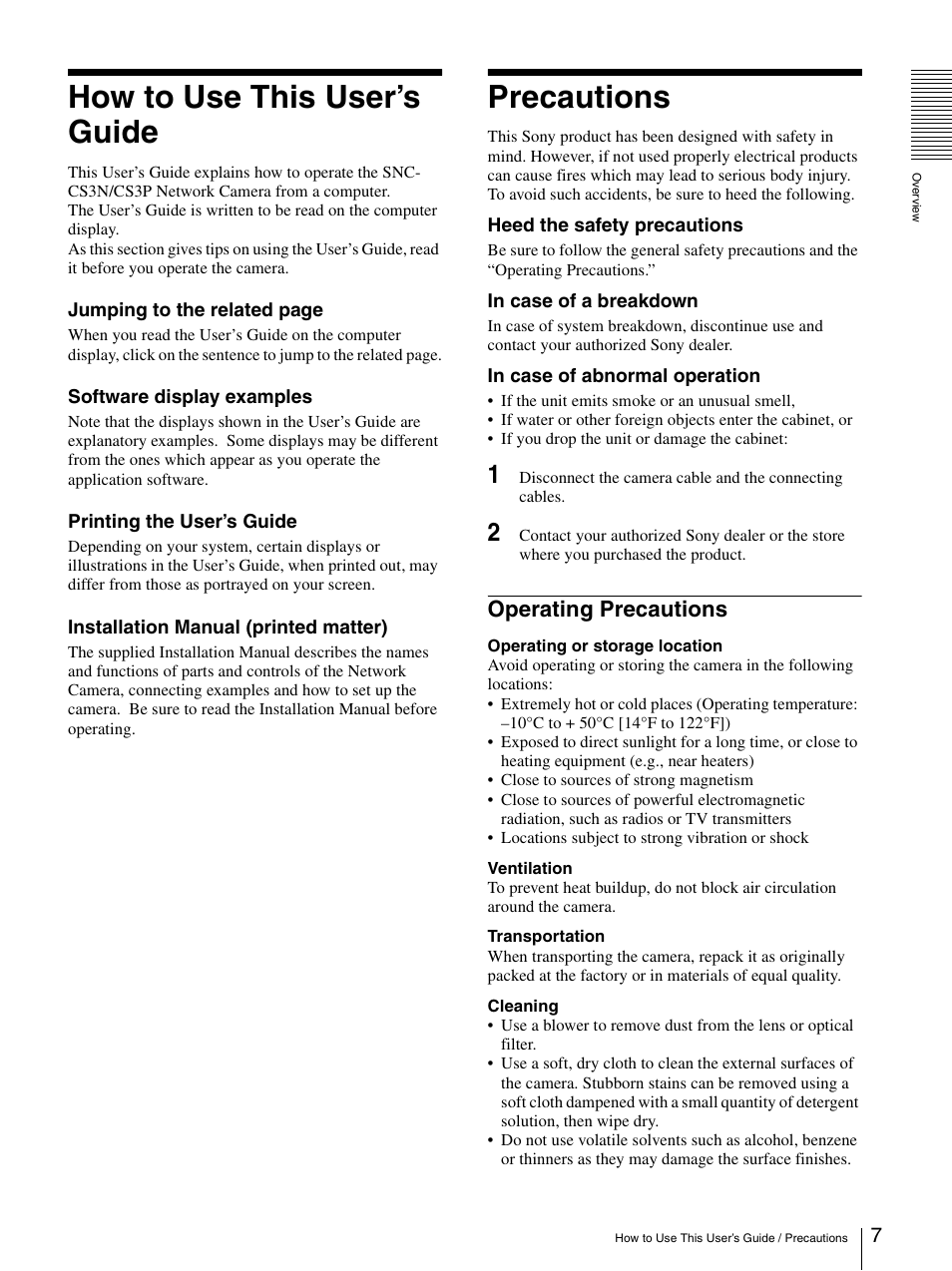 How to use this user’s guide, Precautions, Operating precautions | How to use this user’s guide precautions | Sony SNC-CS3N User Manual | Page 7 / 52