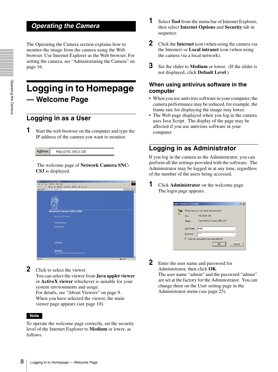 Operating the camera, Logging in as a user, Logging in as administrator | Logging in as a user logging in as administrator, Logging in to homepage, Welcome page | Sony SNC-CS3N User Manual | Page 8 / 52