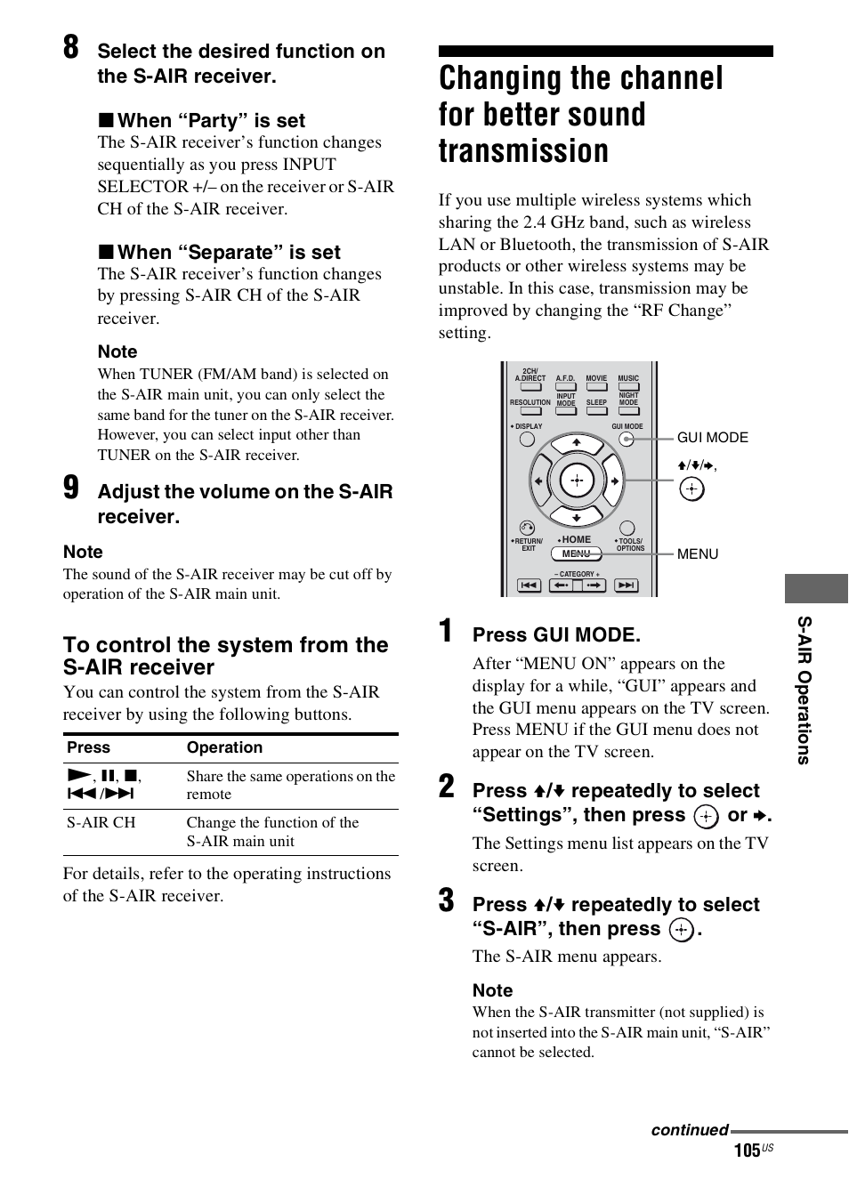 Changing the channel for better sound transmission, Changing the channel, For better sound transmission | X when “separate” is set, Adjust the volume on the s-air receiver, Press gui mode | Sony STR-DN1000 User Manual | Page 105 / 136