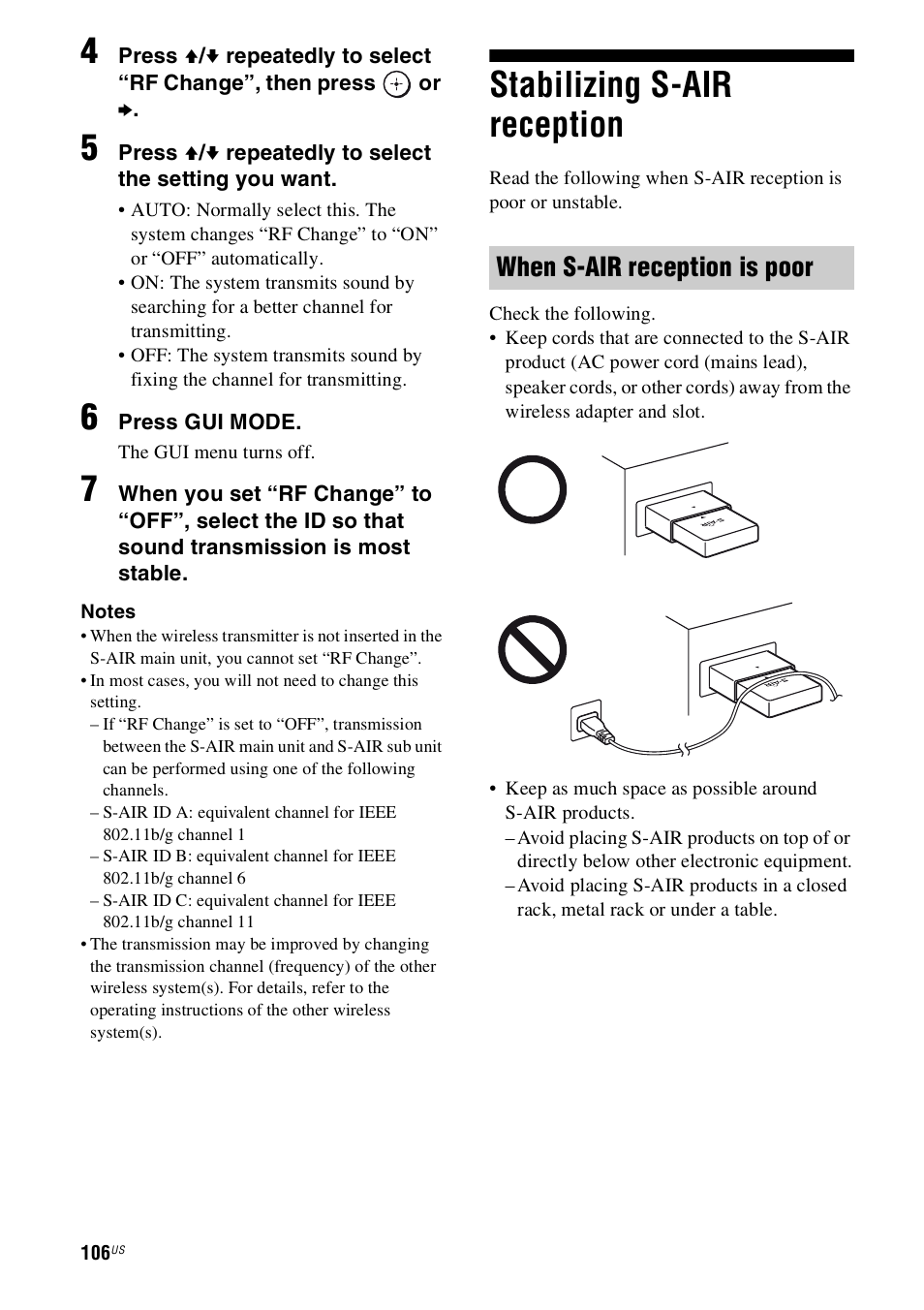 Stabilizing s-air reception, When s-air reception is poor | Sony STR-DN1000 User Manual | Page 106 / 136