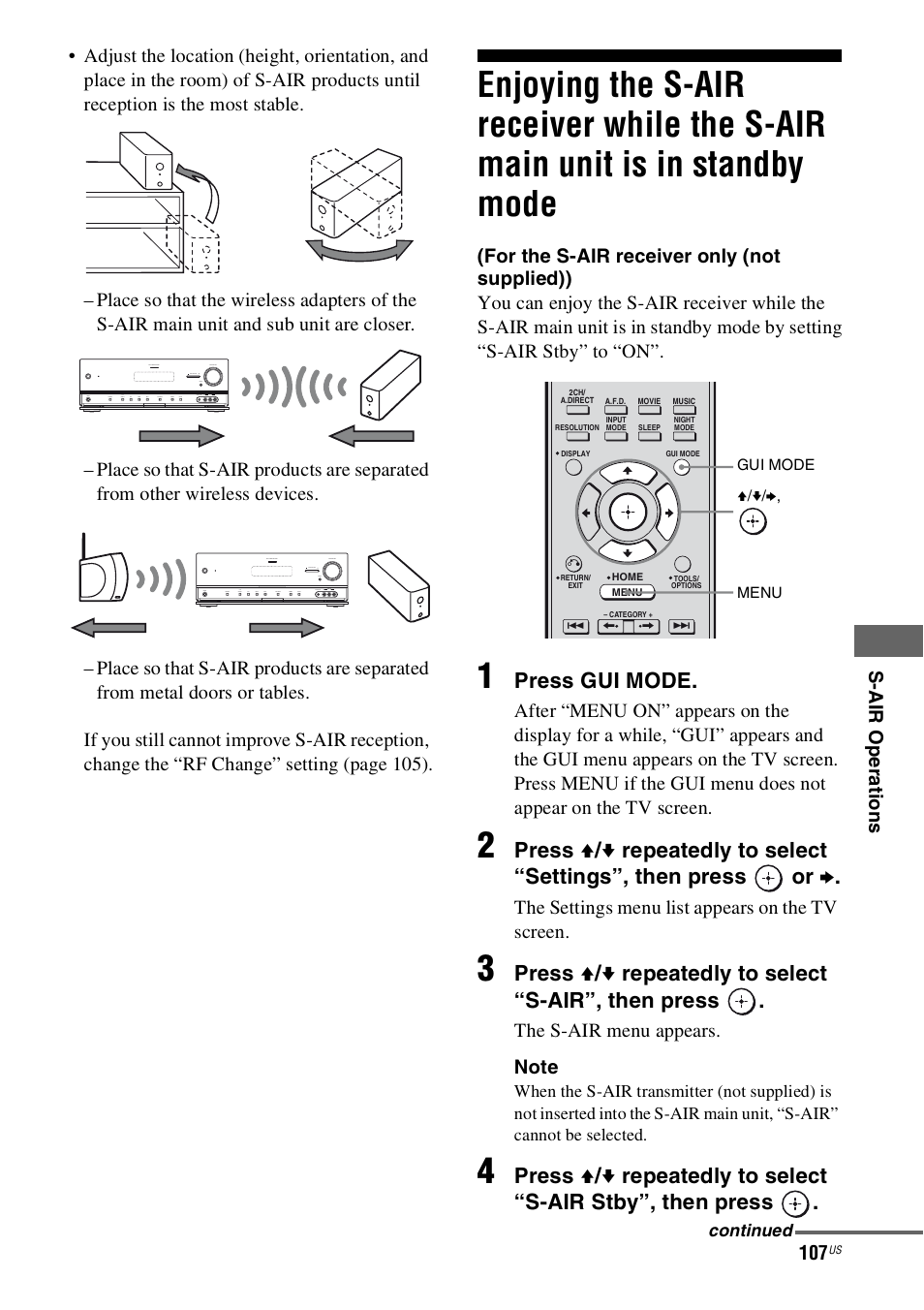 Enjoying the s-air receiver while the, S-air main unit is in standby mode, Press gui mode | Sony STR-DN1000 User Manual | Page 107 / 136