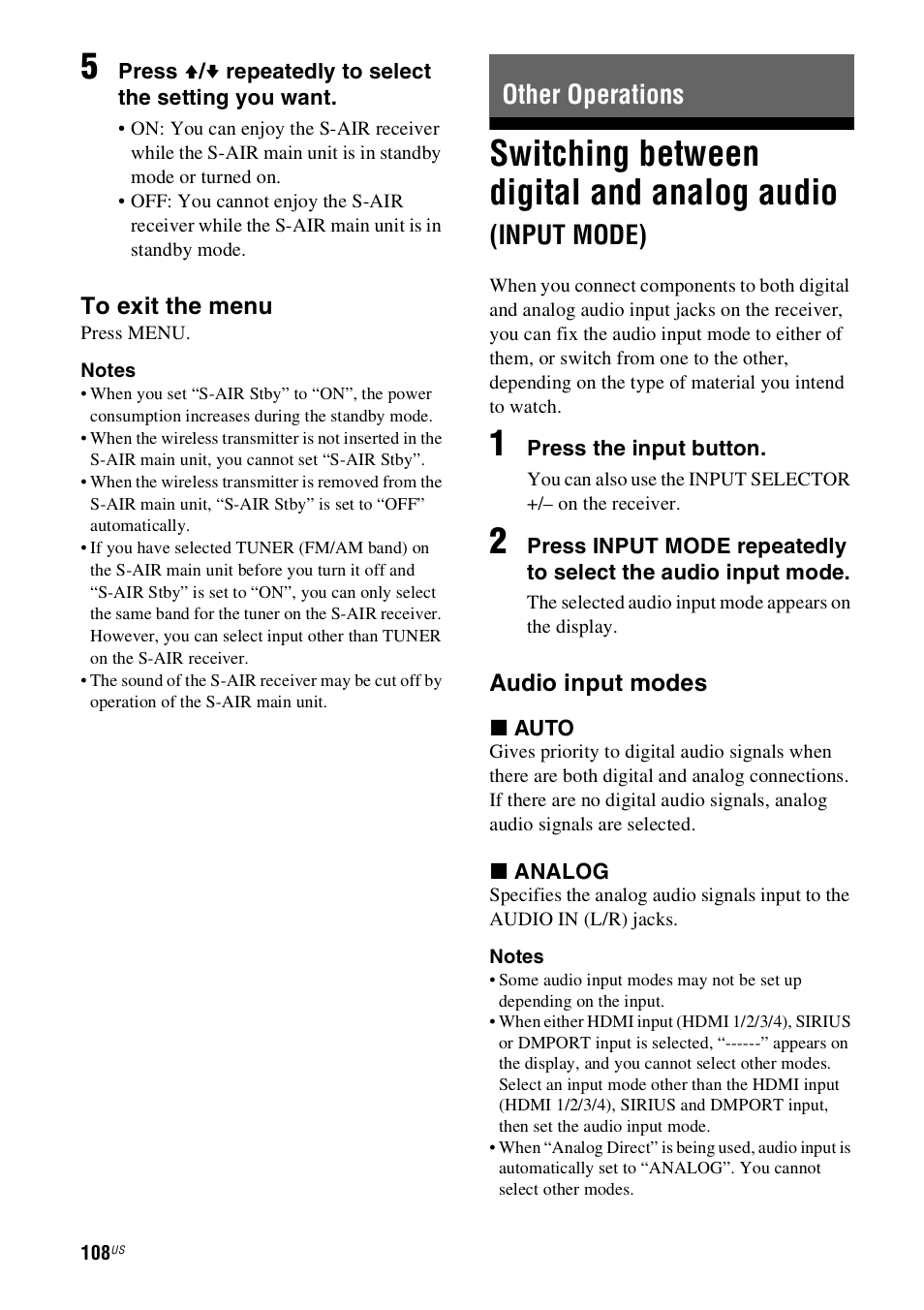 Other operations, Switching between digital and analog, Audio (input mode) | Switching between digital and analog audio, Input mode) | Sony STR-DN1000 User Manual | Page 108 / 136