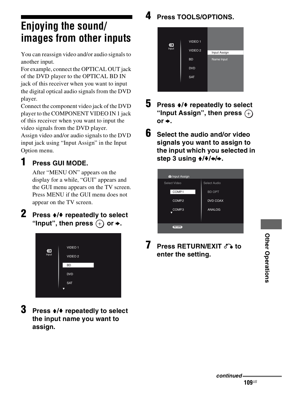 Enjoying the sound/ images from other inputs, Enjoying the sound/images from other, Inputs | Sony STR-DN1000 User Manual | Page 109 / 136