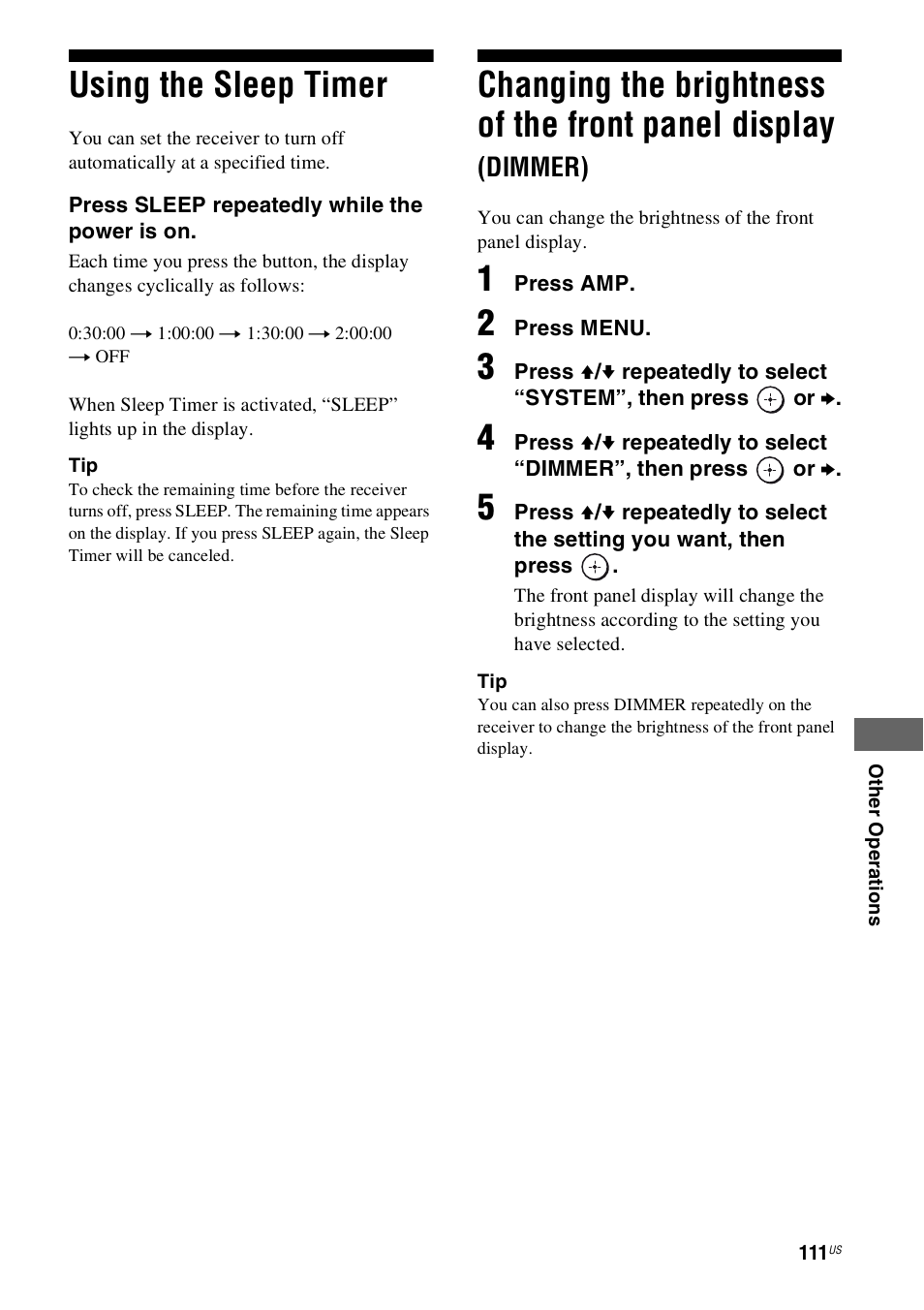 Using the sleep timer, Panel display (dimmer), Changing the brightness of the front panel display | Sony STR-DN1000 User Manual | Page 111 / 136