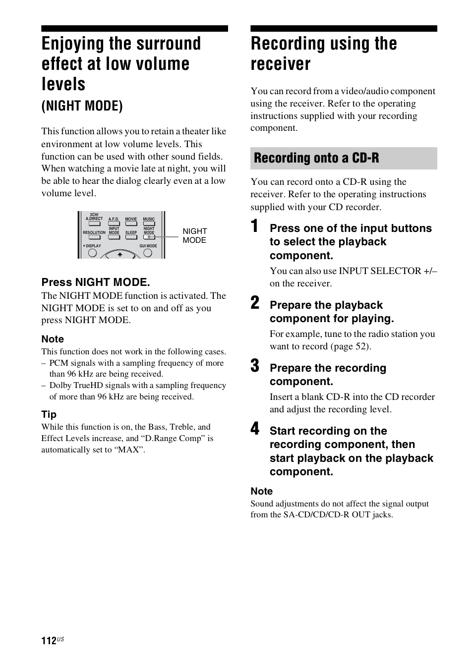 Recording using the receiver, Enjoying the surround effect at low, Volume levels (night mode) | Enjoying the surround effect at low volume levels, Night mode), Recording onto a cd-r | Sony STR-DN1000 User Manual | Page 112 / 136