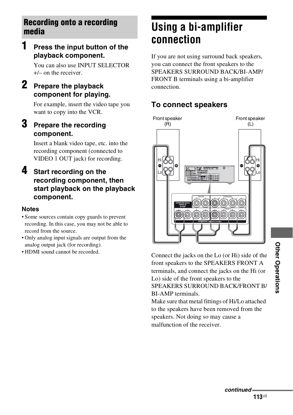 Using a bi-amplifier connection, Recording onto a recording media, Press the input button of the playback component | Prepare the playback component for playing, Prepare the recording component, Ot her oper at ions | Sony STR-DN1000 User Manual | Page 113 / 136