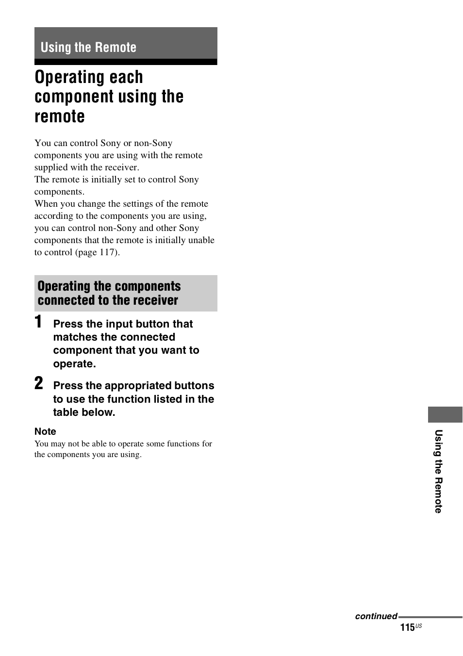 Using the remote, Operating each component using the remote, Operating each component using the | Remote | Sony STR-DN1000 User Manual | Page 115 / 136