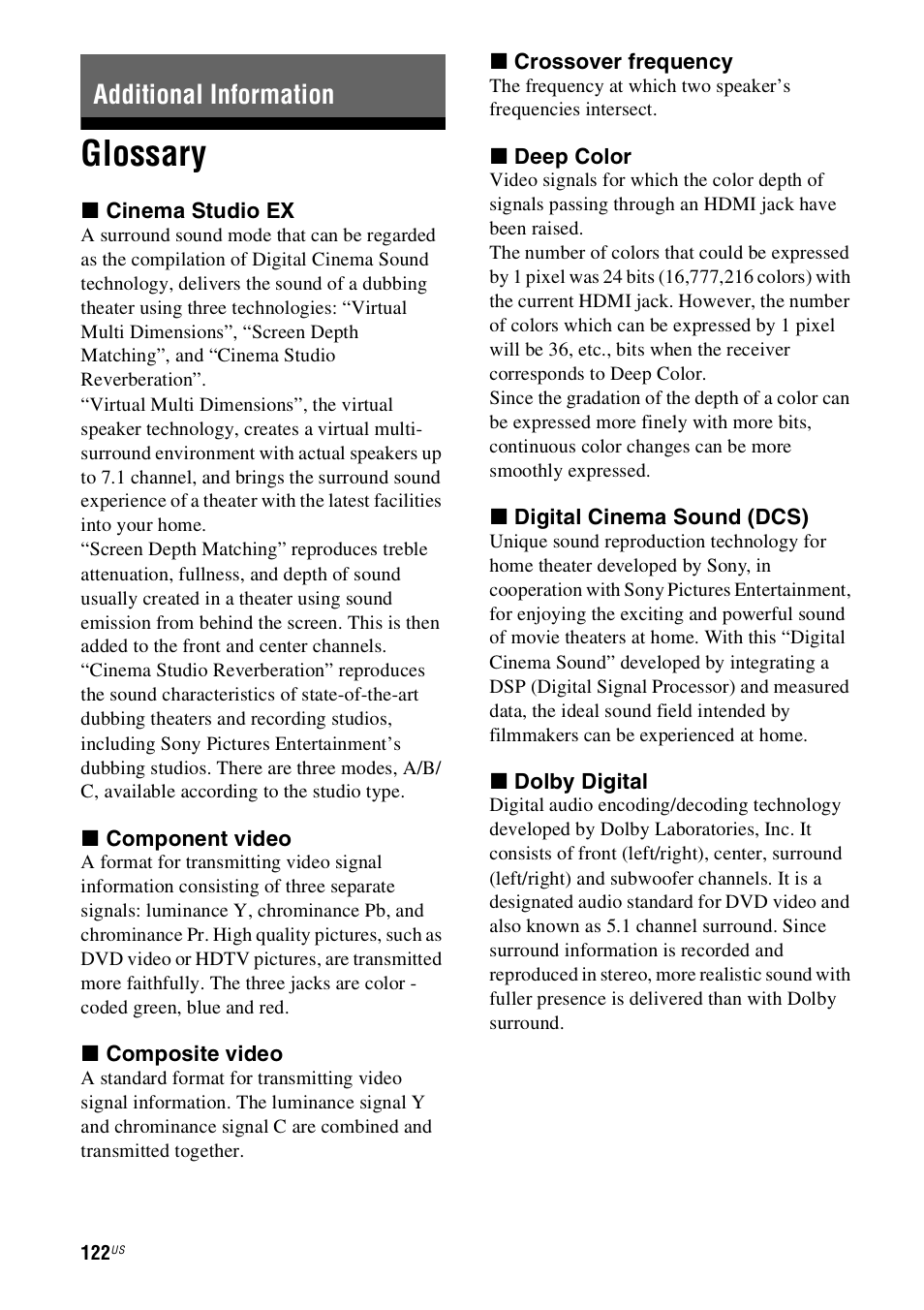 Additional information, Glossary | Sony STR-DN1000 User Manual | Page 122 / 136