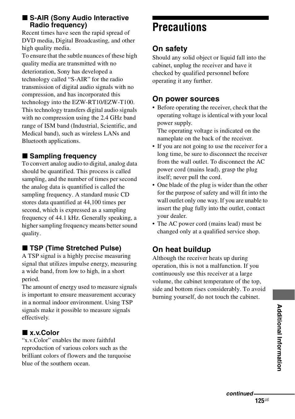 Precautions | Sony STR-DN1000 User Manual | Page 125 / 136