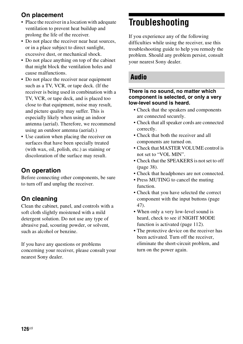 Troubleshooting, Audio | Sony STR-DN1000 User Manual | Page 126 / 136