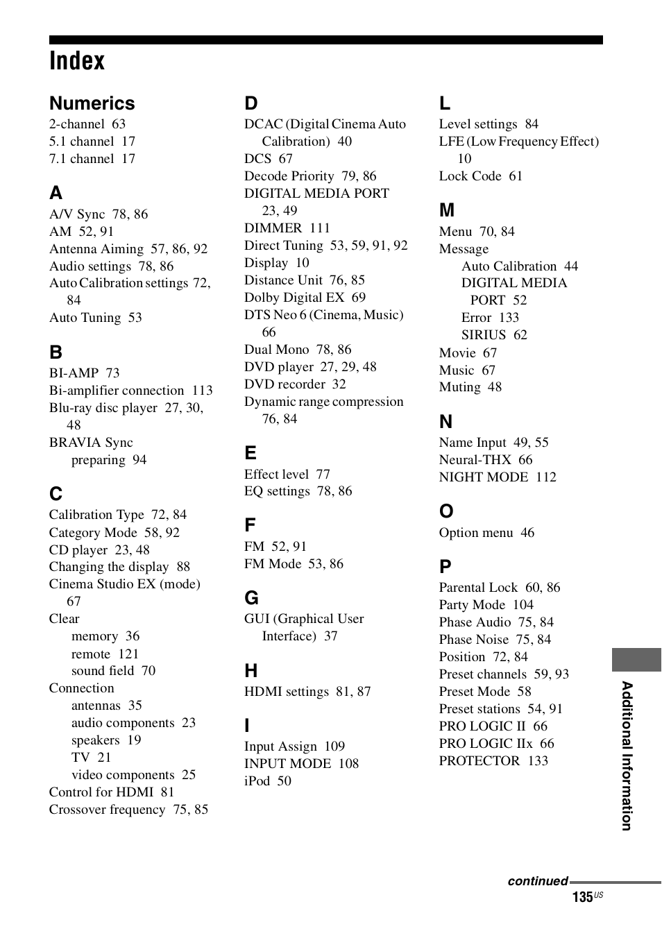 Index, Numerics | Sony STR-DN1000 User Manual | Page 135 / 136