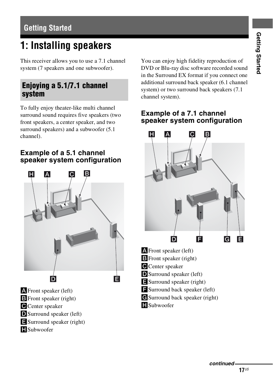 Getting started, Installing speakers, Getting started enjoying a 5.1/7.1 channel system | Sony STR-DN1000 User Manual | Page 17 / 136