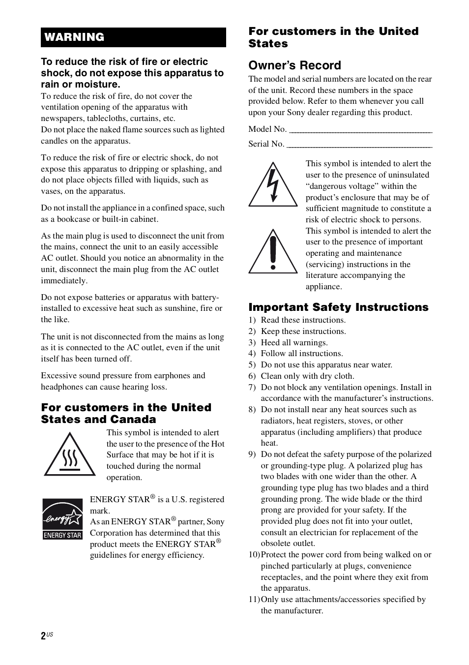 Owner’s record, For customers in the united states and canada, For customers in the united states | Important safety instructions, Warning | Sony STR-DN1000 User Manual | Page 2 / 136