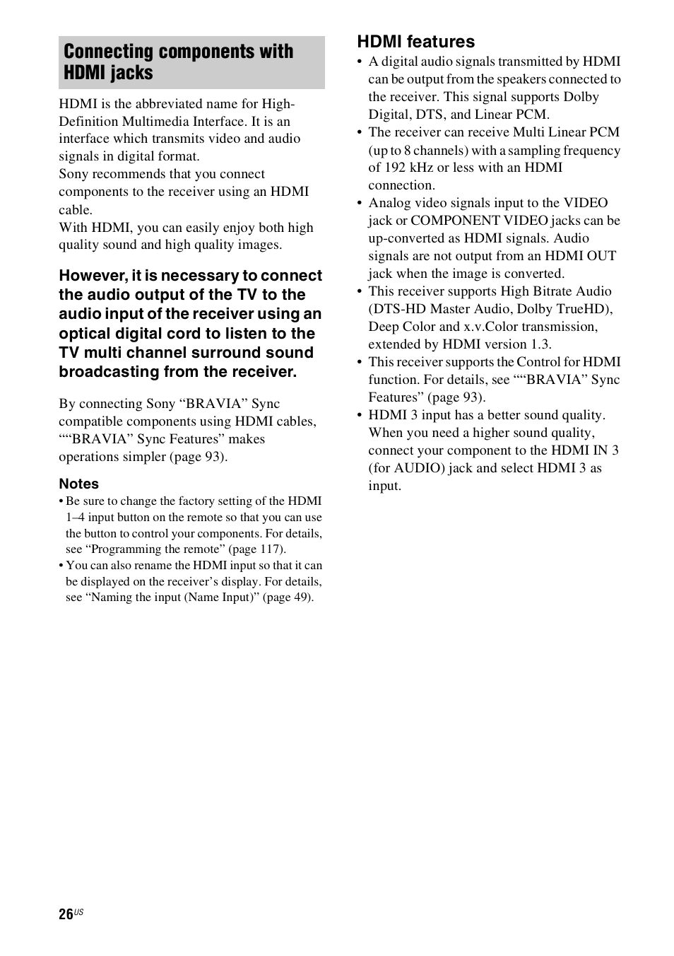 Connecting components with hdmi jacks, Hdmi features | Sony STR-DN1000 User Manual | Page 26 / 136