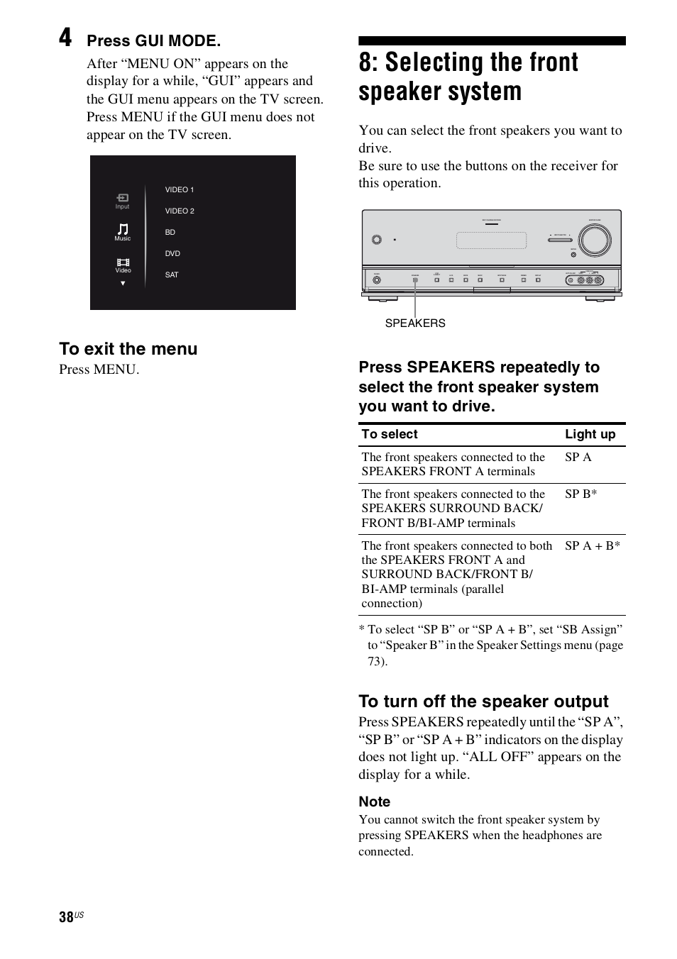 Selecting the front speaker system, Press gui mode, Press menu | Sony STR-DN1000 User Manual | Page 38 / 136