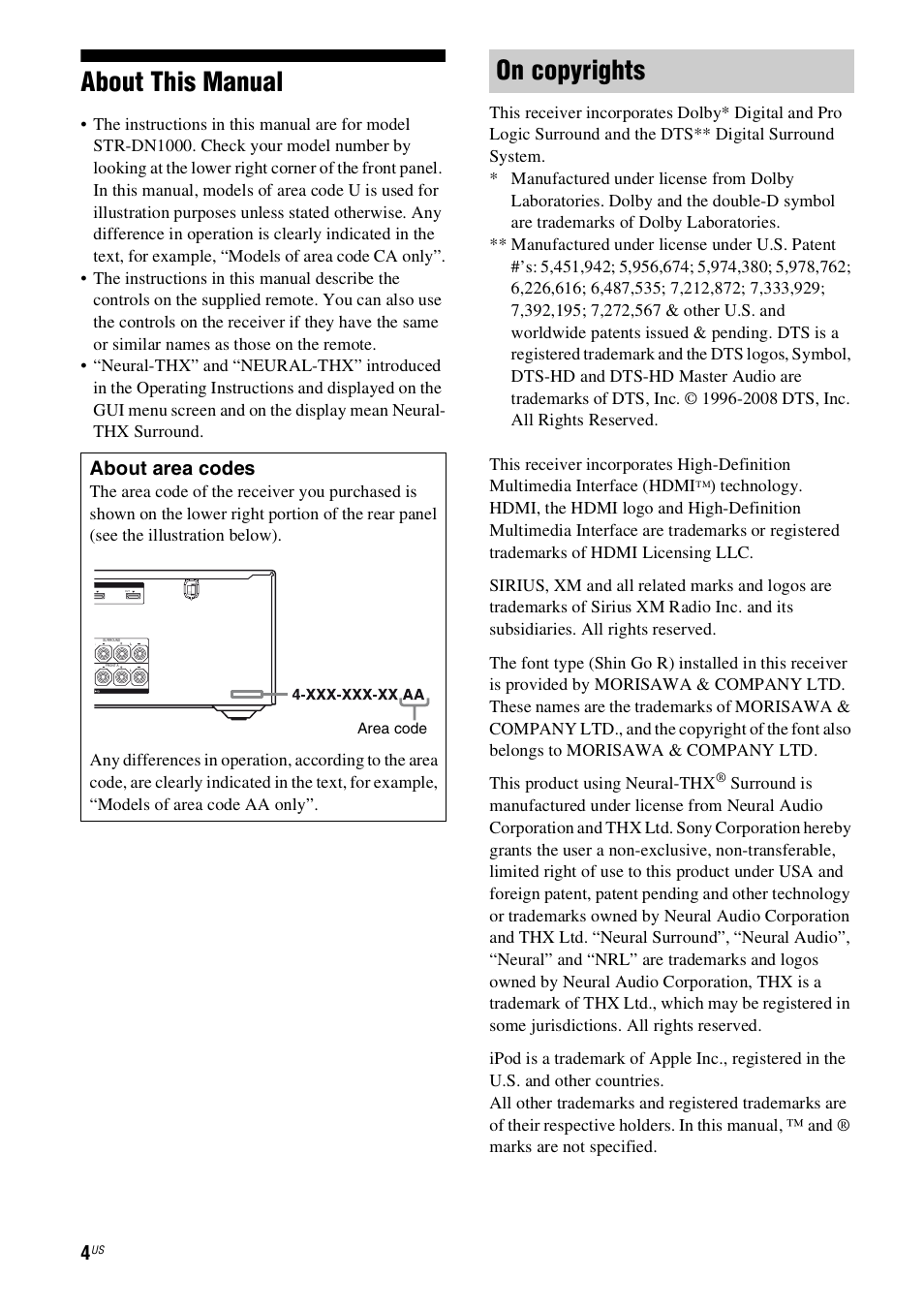 About this manual, On copyrights, About area codes | Sony STR-DN1000 User Manual | Page 4 / 136