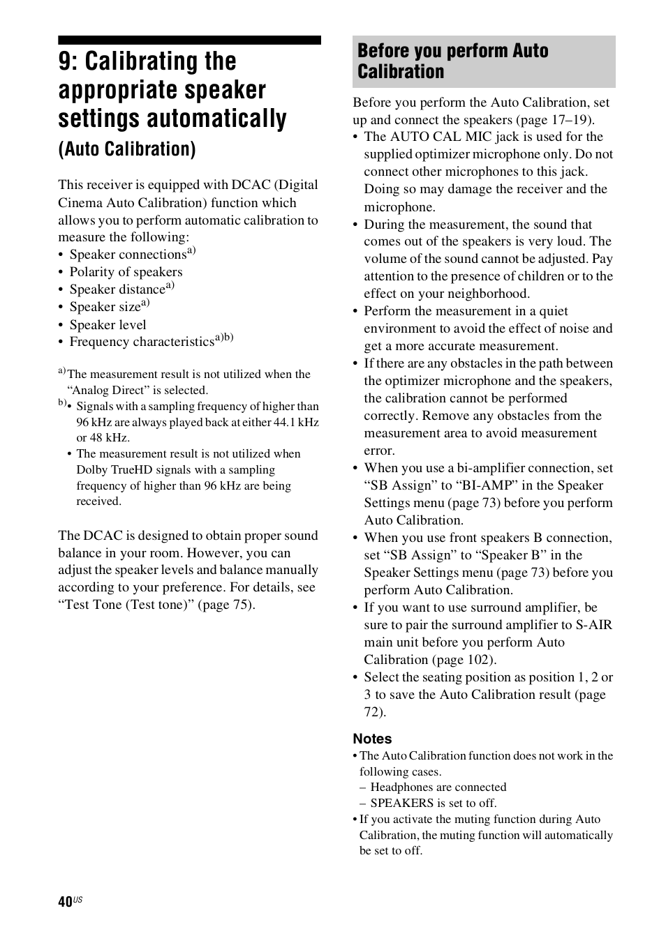Calibrating the appropriate speaker, Settings automatically, Auto calibration) | Before you perform auto calibration | Sony STR-DN1000 User Manual | Page 40 / 136