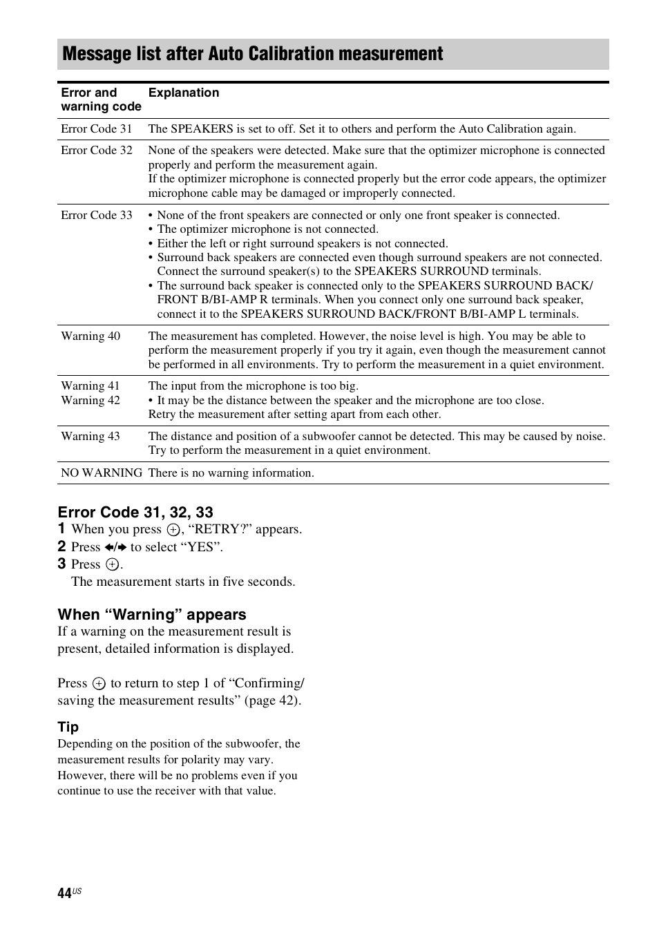 Message list after auto calibration measurement, When “warning” appears | Sony STR-DN1000 User Manual | Page 44 / 136