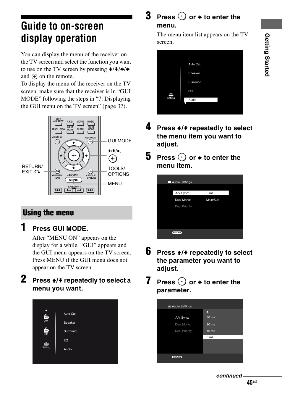Guide to on-screen display operation, Using the menu, Press gui mode | Press v / v repeatedly to select a menu you want, Press or b to enter the menu, Press or b to enter the menu item, Press or b to enter the parameter, Ge tt ing st ar te d, The menu item list appears on the tv screen | Sony STR-DN1000 User Manual | Page 45 / 136