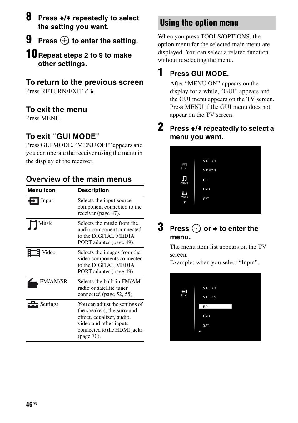 Using the option menu, Overview of the main menus | Sony STR-DN1000 User Manual | Page 46 / 136