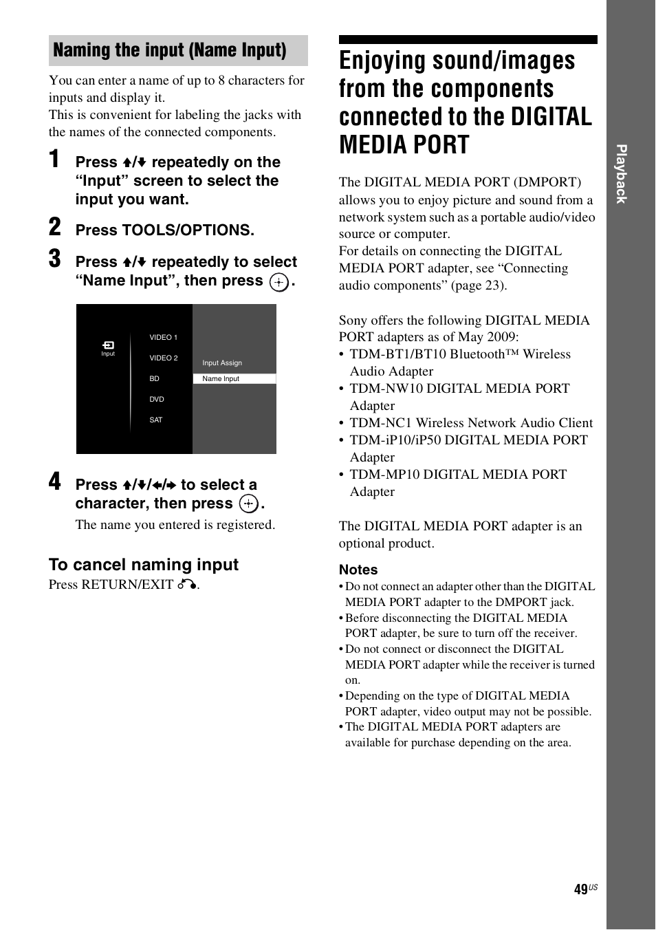 Enjoying sound/images from the, Components connected to the, Digital media port | Naming the input (name input) | Sony STR-DN1000 User Manual | Page 49 / 136