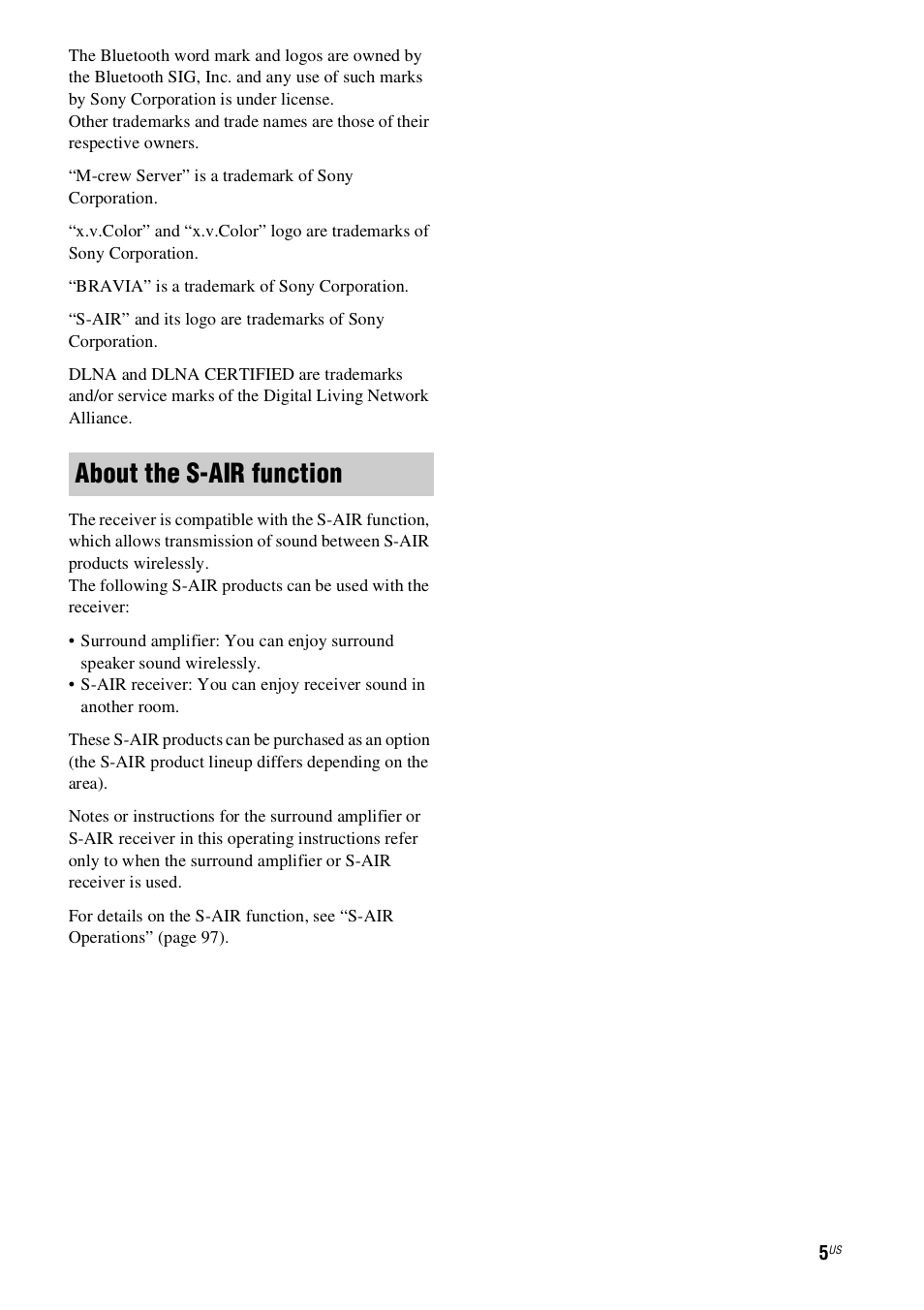 About the s-air function | Sony STR-DN1000 User Manual | Page 5 / 136