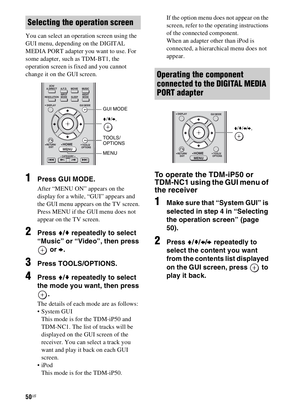 Selecting the operation screen, Press gui mode, Press tools/options | Sony STR-DN1000 User Manual | Page 50 / 136