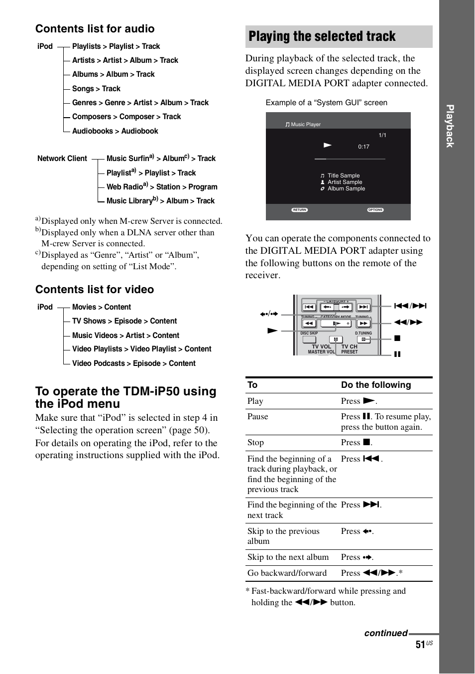 Playing the selected track, Contents list for audio, Contents list for video | Play b a ck | Sony STR-DN1000 User Manual | Page 51 / 136