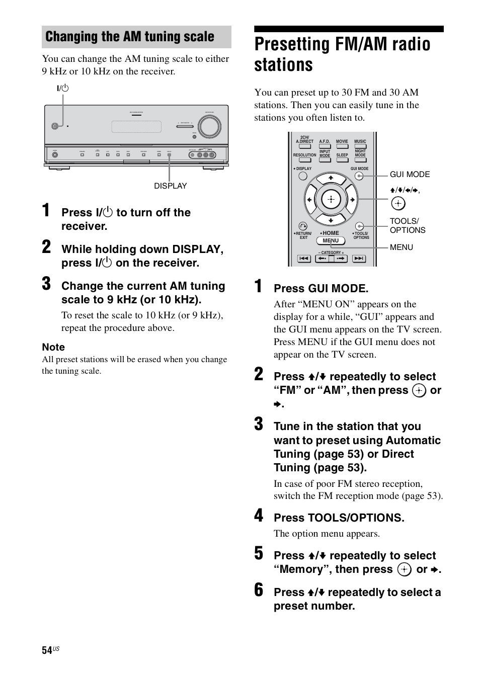 Presetting fm/am radio stations, Changing the am tuning scale, Press ? / 1 to turn off the receiver | Press gui mode, Press tools/options, Press v / v repeatedly to select a preset number, The option menu appears | Sony STR-DN1000 User Manual | Page 54 / 136