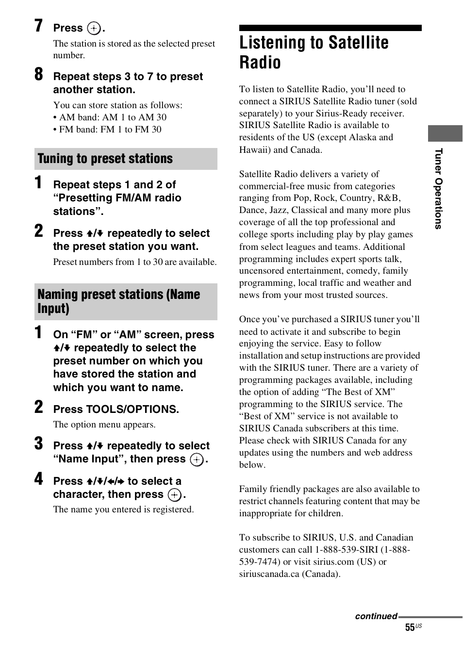 Listening to satellite radio | Sony STR-DN1000 User Manual | Page 55 / 136