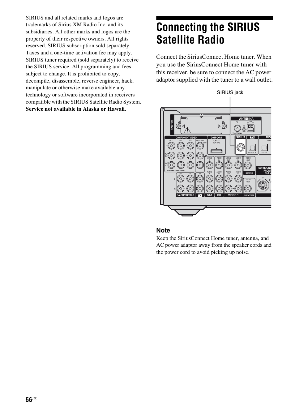 Connecting the sirius satellite radio, Sirius jack | Sony STR-DN1000 User Manual | Page 56 / 136