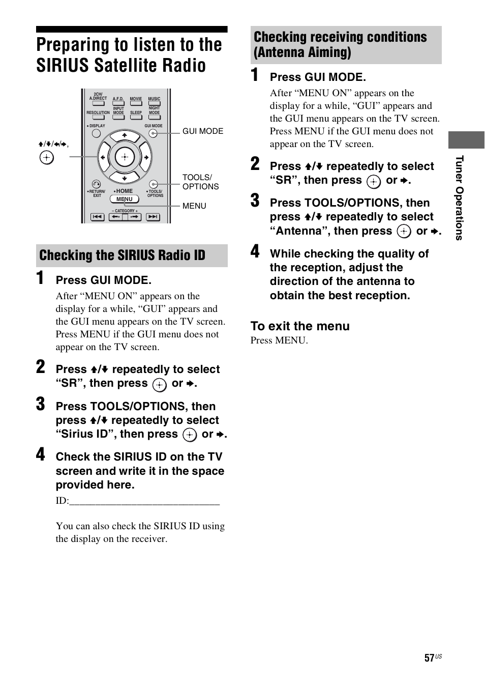Preparing to listen to the sirius satellite radio, Preparing to listen to the sirius, Satellite radio | Checking the sirius radio id, Checking receiving conditions (antenna aiming) | Sony STR-DN1000 User Manual | Page 57 / 136