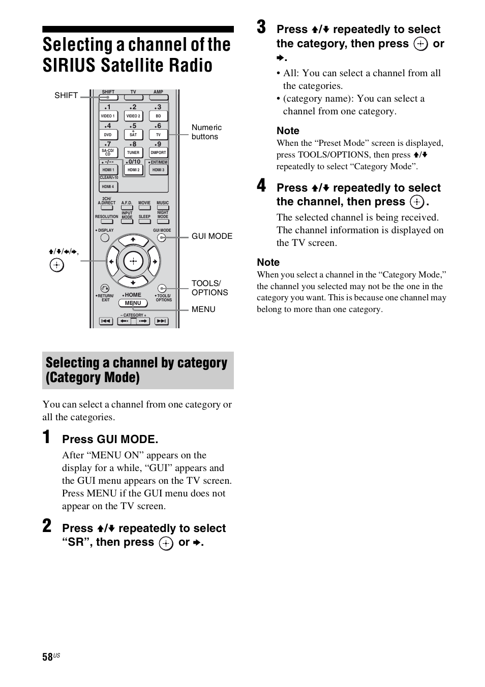 Selecting a channel of the sirius satellite radio, Selecting a channel of the sirius, Satellite radio | Selecting a channel by category (category mode), Press gui mode | Sony STR-DN1000 User Manual | Page 58 / 136