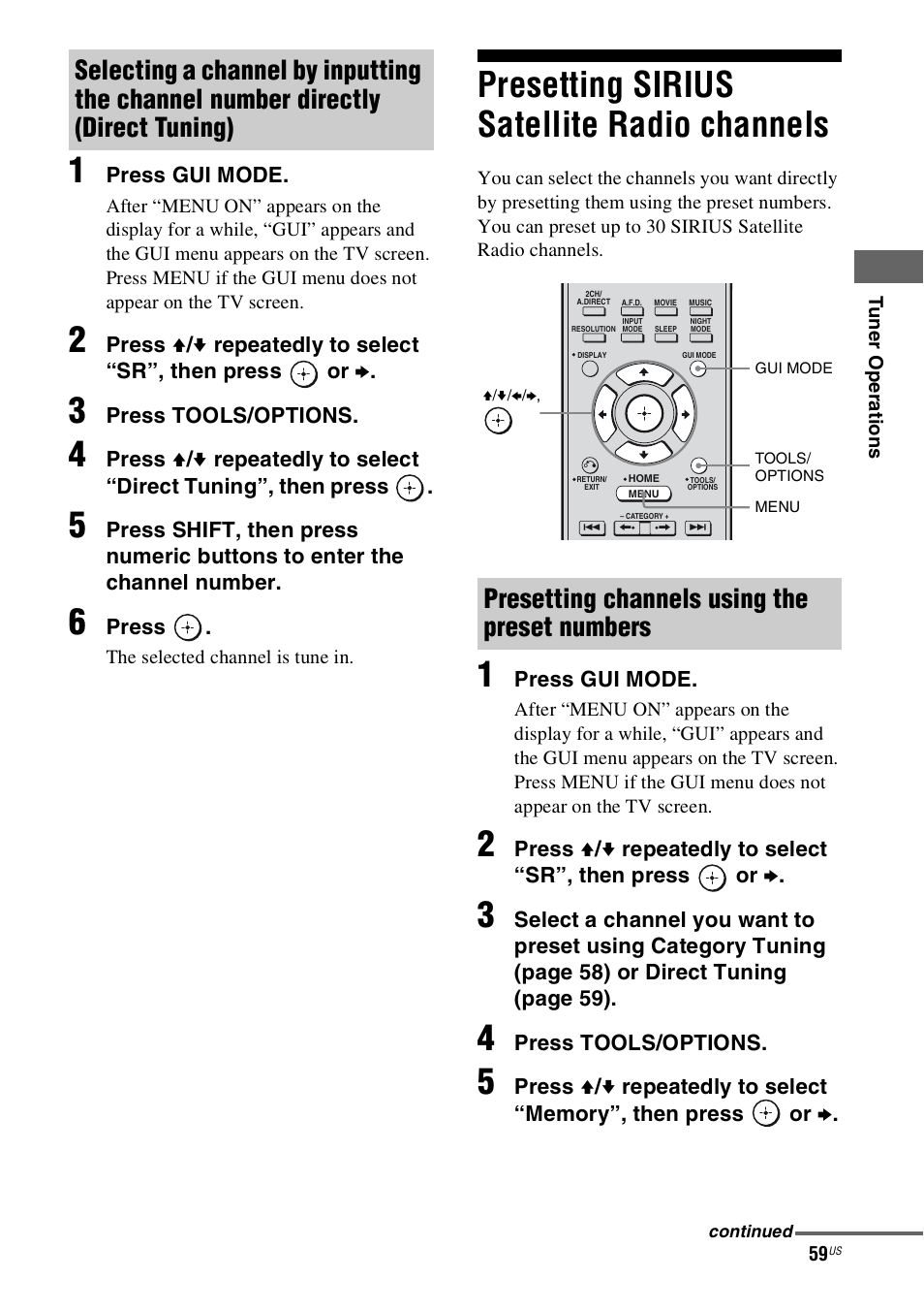 Presetting sirius satellite radio channels, Presetting sirius satellite radio, Channels | Sony STR-DN1000 User Manual | Page 59 / 136