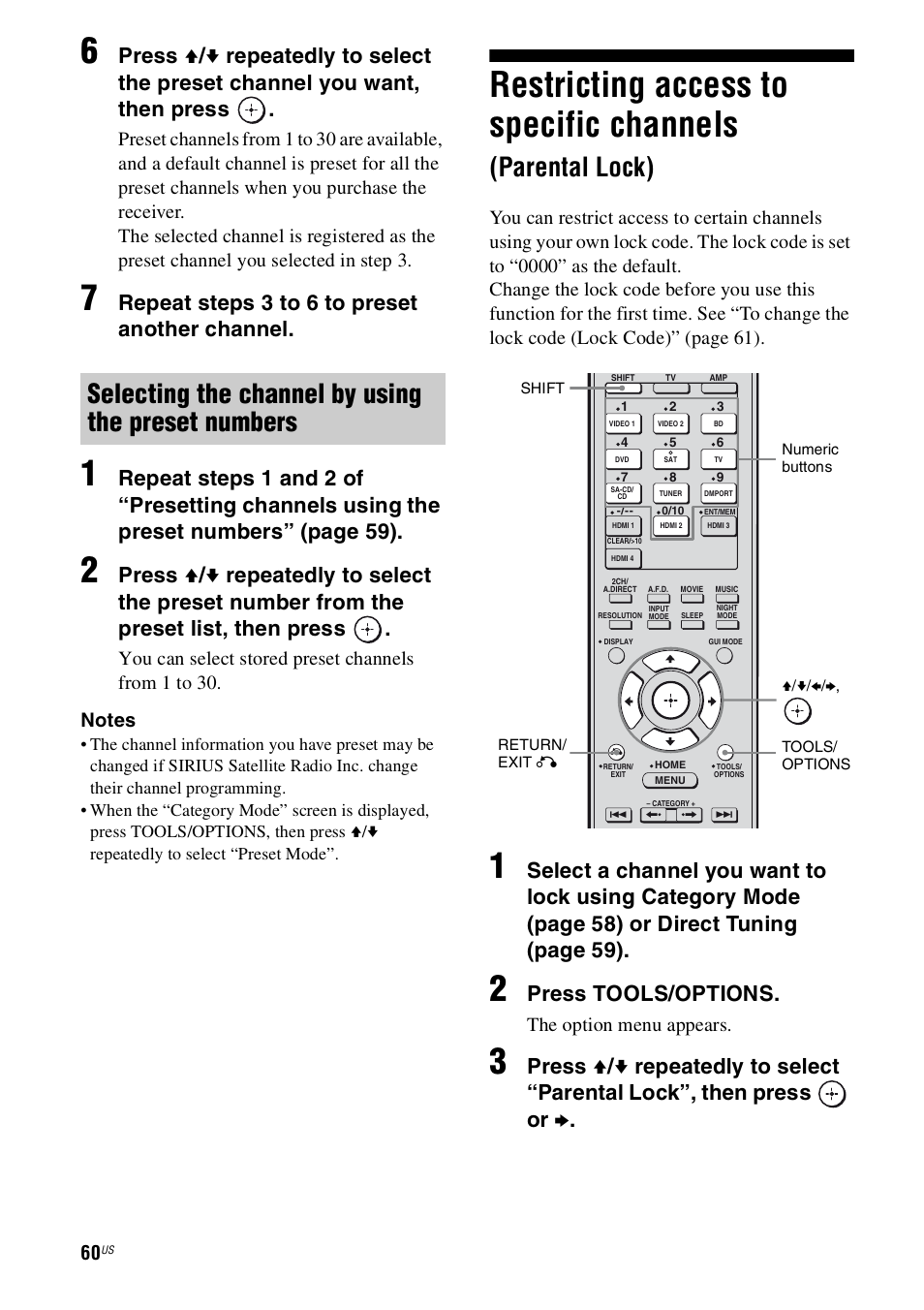 Restricting access to specific channels, Parental lock), Selecting the channel by using the preset numbers | Repeat steps 3 to 6 to preset another channel, Press tools/options, The option menu appears | Sony STR-DN1000 User Manual | Page 60 / 136