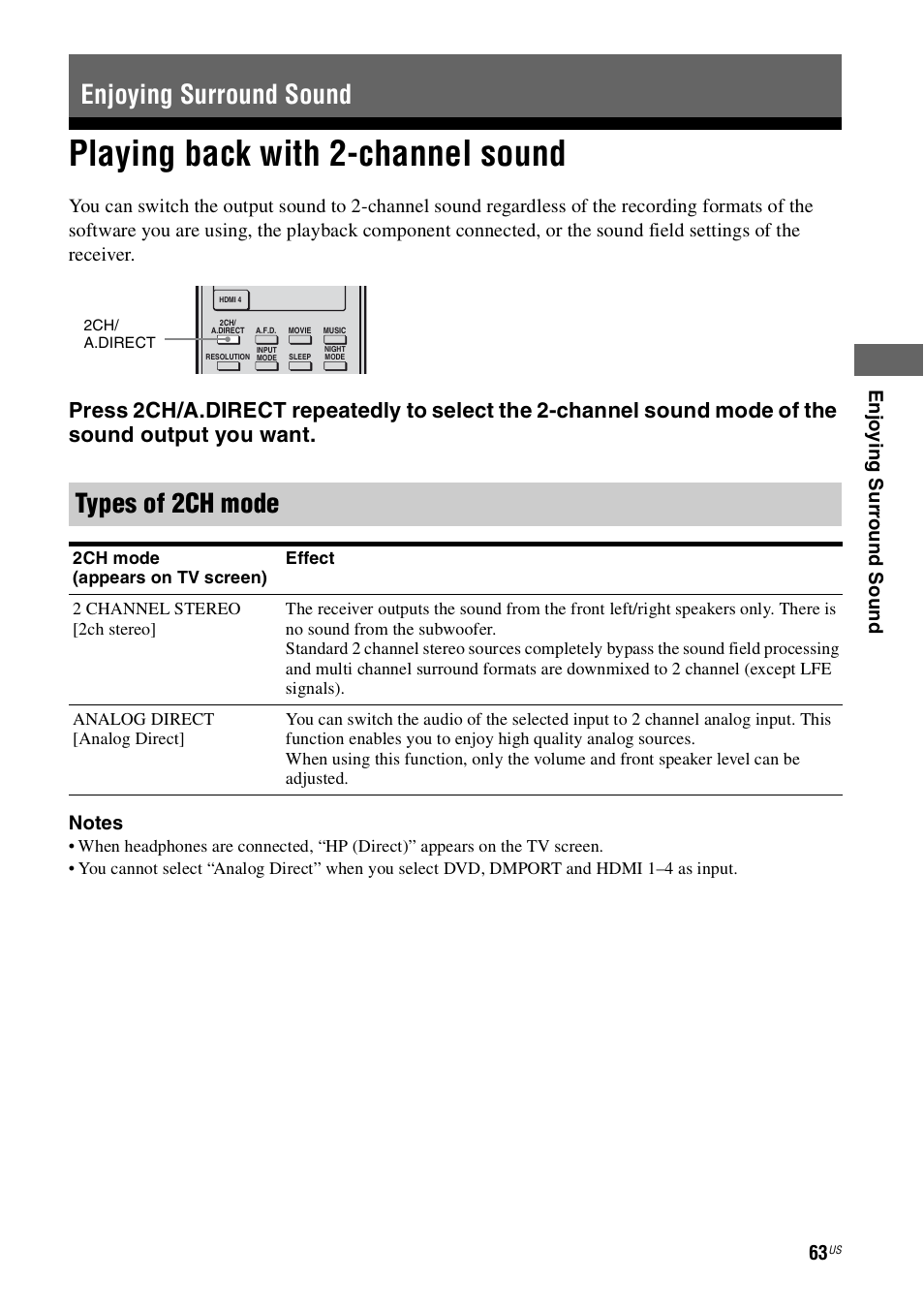 Enjoying surround sound, Playing back with 2-channel sound, E 63 | Types of 2ch mode | Sony STR-DN1000 User Manual | Page 63 / 136