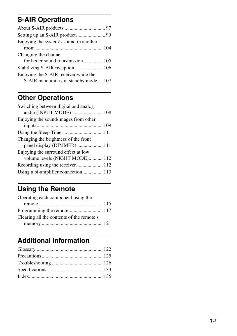S-air operations, Other operations, Using the remote | Additional information | Sony STR-DN1000 User Manual | Page 7 / 136