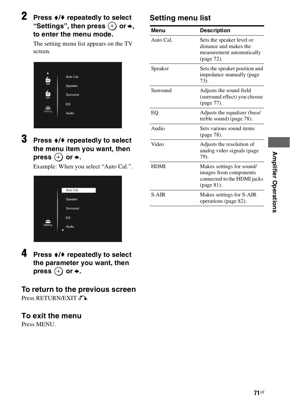 Setting menu list | Sony STR-DN1000 User Manual | Page 71 / 136