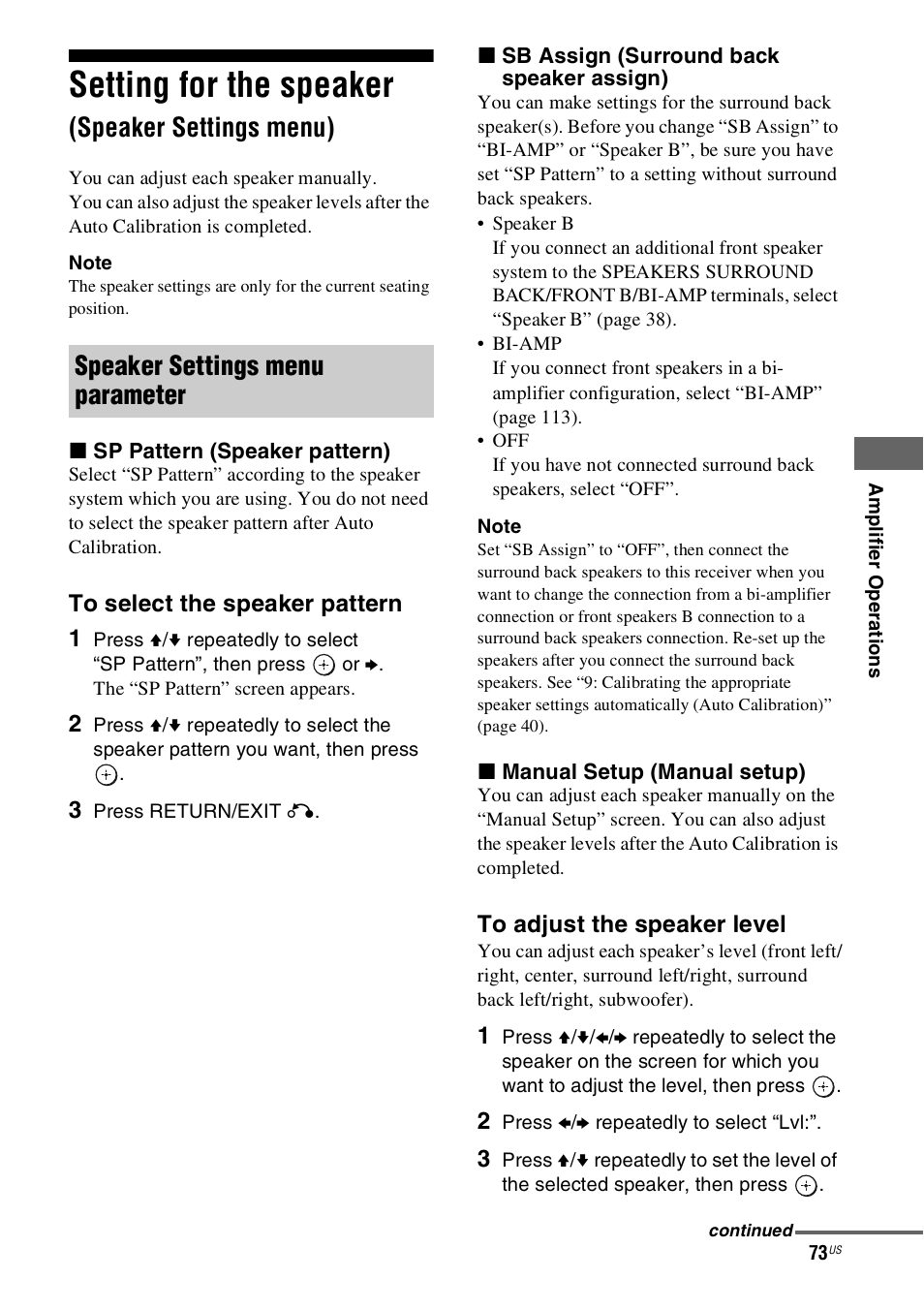 Setting for the speaker (speaker settings menu), Setting for the speaker, Speaker settings menu) | E 73, Speaker settings menu parameter | Sony STR-DN1000 User Manual | Page 73 / 136