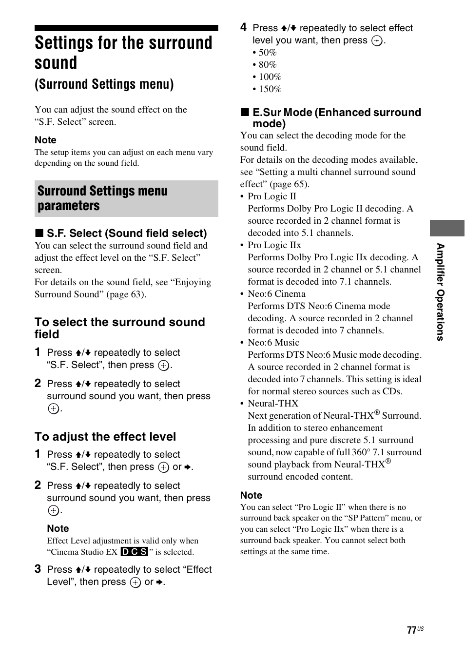 Settings for the surround sound, Surround settings menu), Surround settings menu parameters | Sony STR-DN1000 User Manual | Page 77 / 136