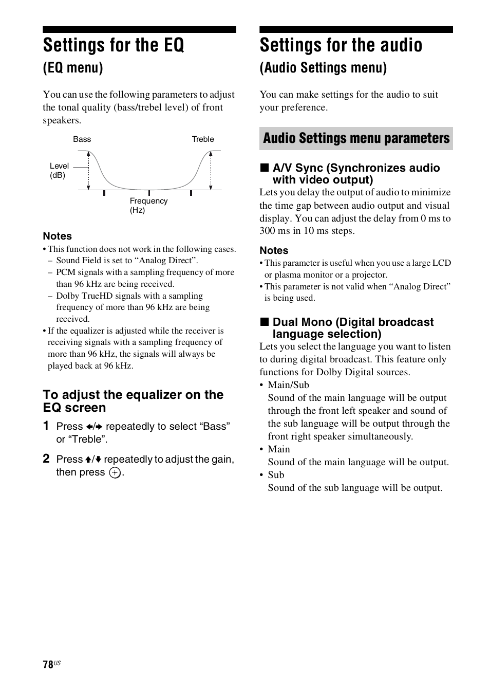 Settings for the eq (eq menu), Settings for the audio (audio settings menu), Audio settings menu) | Settings for the eq, Settings for the audio, Eq menu), Audio settings menu parameters | Sony STR-DN1000 User Manual | Page 78 / 136