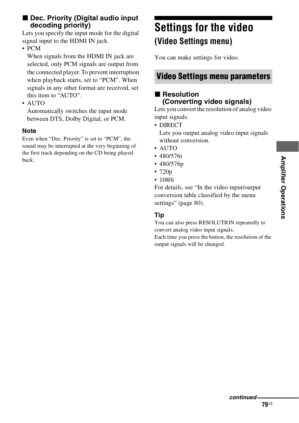 Settings for the video (video settings menu), Settings for the video, Video settings menu) | Video settings menu parameters | Sony STR-DN1000 User Manual | Page 79 / 136