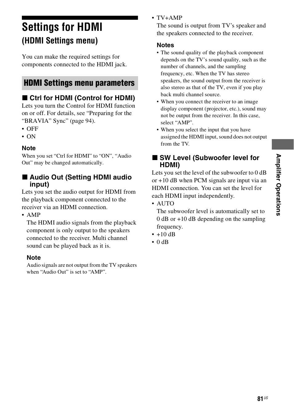 Settings for hdmi (hdmi settings menu), Settings for hdmi, Hdmi settings menu) | Hdmi settings menu parameters | Sony STR-DN1000 User Manual | Page 81 / 136