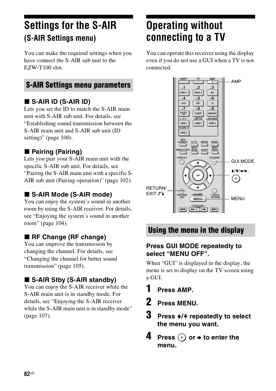 Settings for the s-air (s-air settings menu), Operating without connecting to a tv, Settings for the s-air | S-air settings menu), X s-air id (s-air id), X pairing (pairing), X s-air mode (s-air mode), X rf change (rf change), X s-air stby (s-air standby), Press gui mode repeatedly to select “menu off | Sony STR-DN1000 User Manual | Page 82 / 136