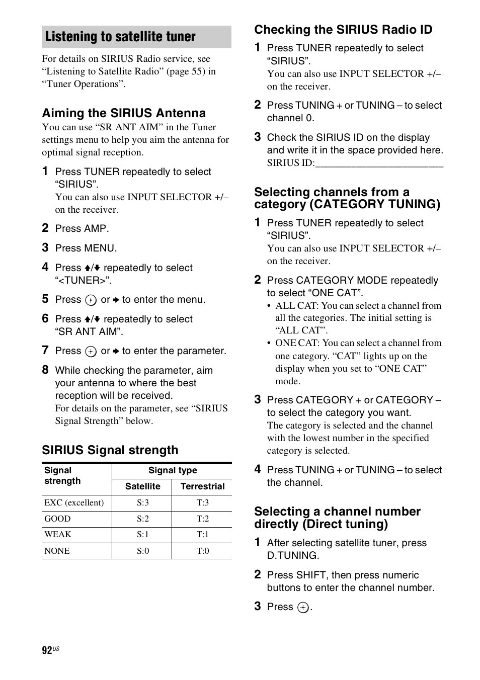 Listening to satellite tuner, Aiming the sirius antenna | Sony STR-DN1000 User Manual | Page 92 / 136