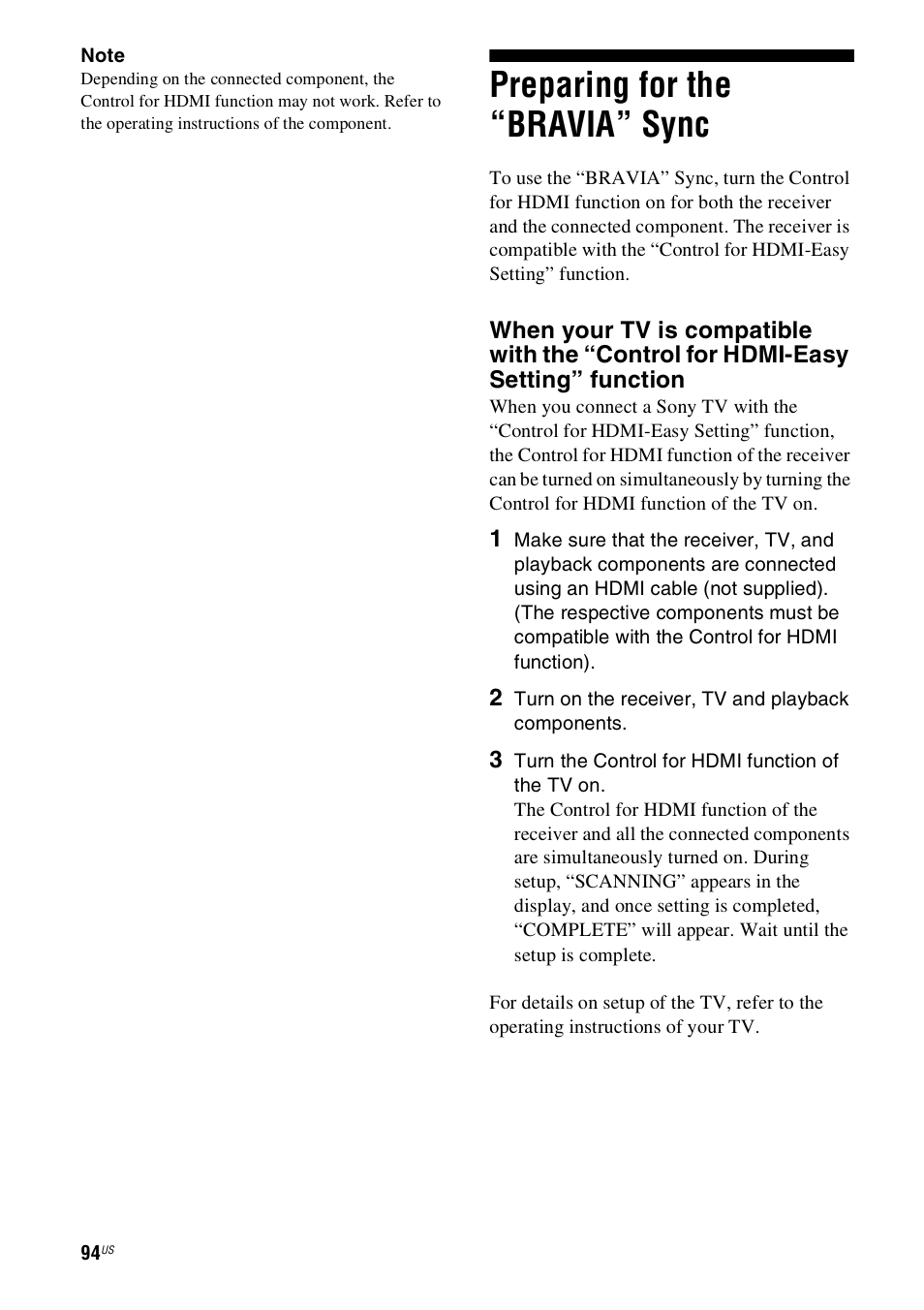 Preparing for the “bravia” sync | Sony STR-DN1000 User Manual | Page 94 / 136