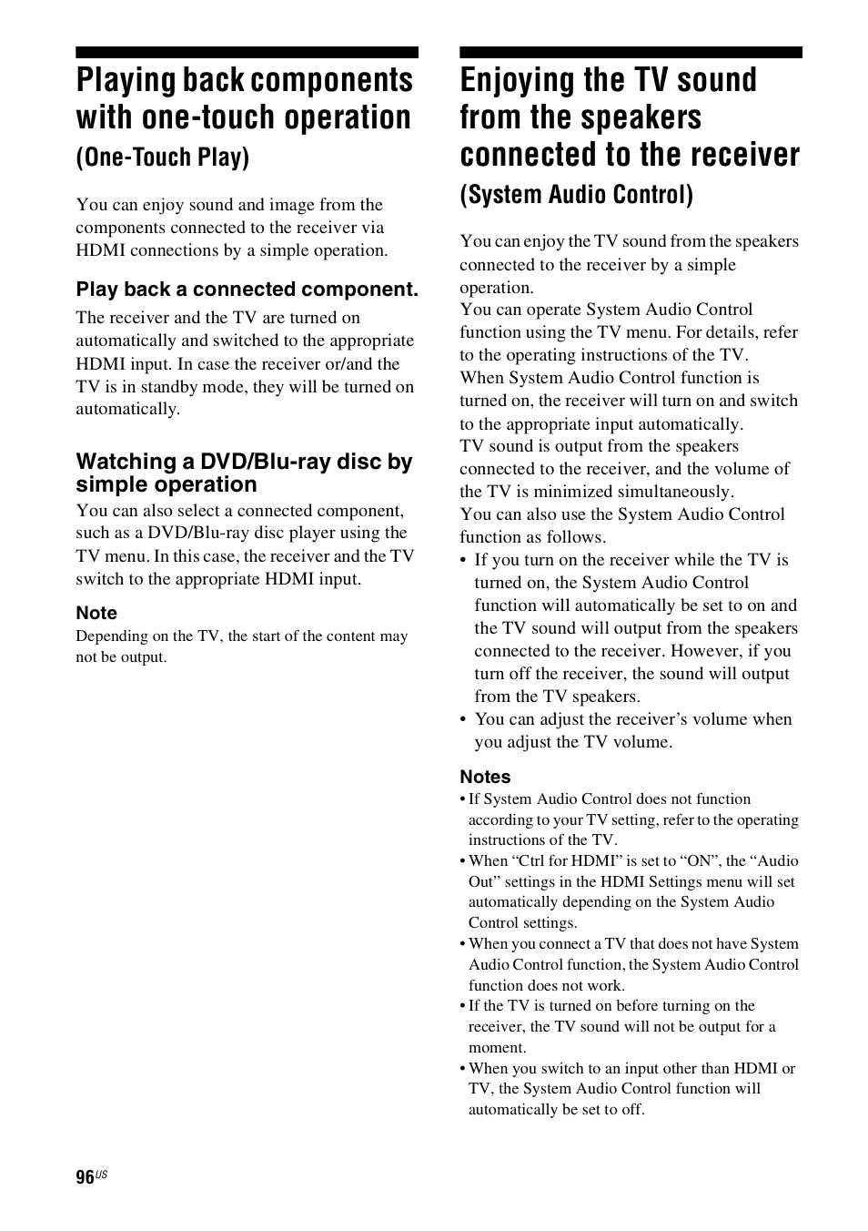 Playing back components with one-touch, Operation (one-touch play), Enjoying the tv sound from the speakers | Connected to the receiver, System audio control), Playing back components with one-touch operation, One-touch play) | Sony STR-DN1000 User Manual | Page 96 / 136